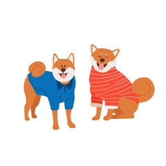 Illustration of two Shiba Inu dogs wearing clothes