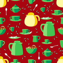 Vector - breakfast equipement seamless pattern, with pretzels and coffee beans.