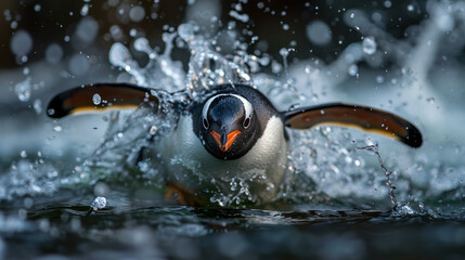 A penguin is swimming in the water with its head above the water