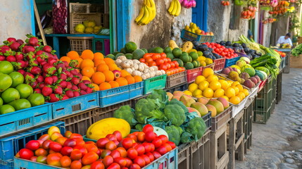 Fototapeta na wymiar Vibrant street market with colorful fruits and vegetables