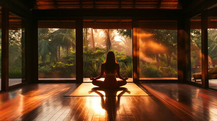Obraz na płótnie Canvas Serene Yoga Practice in Tranquil Spa Resort Setting. Wellness Retreat