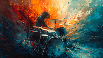 A man is playing a drum, creative illustration - obrazy, fototapety, plakaty