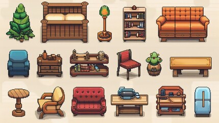 pixel art set isolated home living room, furniture items, including beds, chairs, tables, and sofas, game assets
