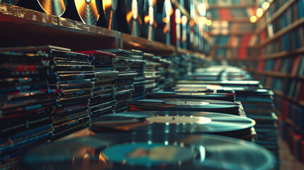 A row of records on a shelf with a library feel