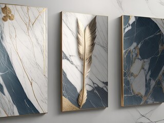 marble background with feather motifs, three-panel wall art.
