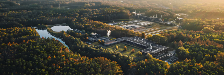a high-tech data center surrounded by beautiful forestry, in the background a coal plant with polluting chimneys