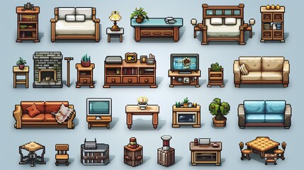 pixel art set isolated home living room, furniture items, including beds, chairs, tables, and sofas, game assets