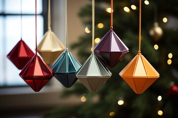 Incorporate some unique and eye-catching geometric-shaped Christmas ornaments for added visual interest. Ai generated