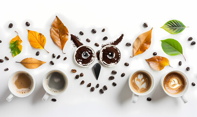Flat lay of coffee with leaves, on a panoramic white background. - obrazy, fototapety, plakaty