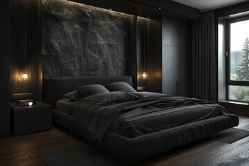 Black modern and retro-style bedroom with black and dark materials. 3d rendering.