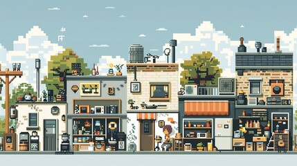 A pixelated character sprite sheet featuring a variety of everyday activities, charming 8-bit style. Game Asset