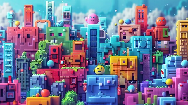 A pixelated abstract background with a retro pixel art style, classic 8-bit video games