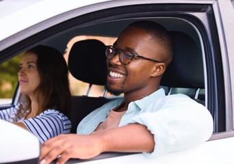 Couple, car and road trip with window for travel together, holiday journey and happiness. Black man, woman and driving in transport for romantic vacation, relaxing weekend and fun adventure with love
