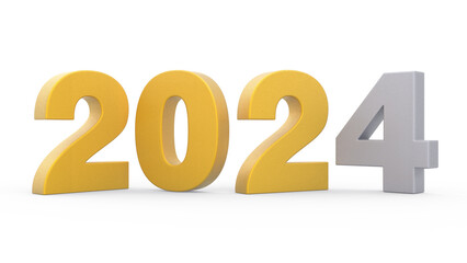 New Year 2024 Yellow and Grey 3d Lettering Isolated White Background 3d Rendering