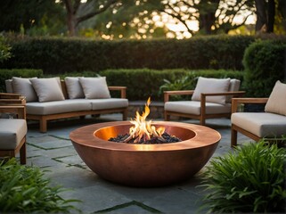 Image showing an inviting fire pit with soft flames providing a warm glow in an elegant outdoor lounge area