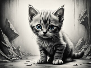 Adorable illustration of a kitten with striking blue eyes surrounded by an artistic representation of a rugged terrain