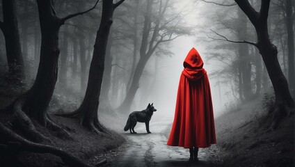 Red Riding Hood stands facing a wolf on a fog-covered forest path, creating a tense mythical scene