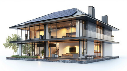 Sustainable modern architecture featuring solar panels, energy-efficient design, and eco-friendly practices.