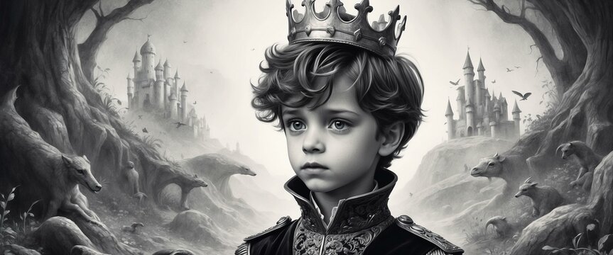An illustrated monochrome image depicts a young boy king with a crown surrounded by an enchanted forest