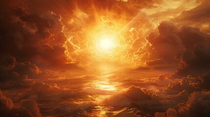 Solar Majesty Over Ocean,
The digital illustration presents a surreal spectacle where a radiant solar entity dominates the sky above tumultuous ocean waves, blending the forces of water. - obrazy, fototapety, plakaty