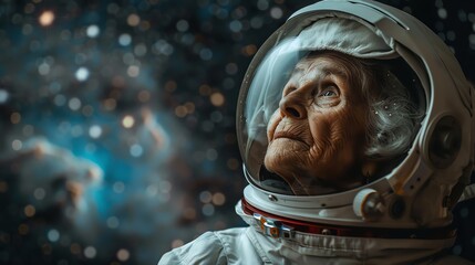 Medium shot of an elderly woman in an astronaut suit, her head tilted back, peering up through the helmet at the stars, Fashion photography style, realistic photos