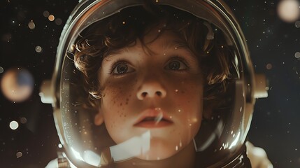 Pointofview from an astronauts helmet, a boys gaze transfixed on the celestial bodies floating in the blackness beyond, Fashion photography style, realistic photos