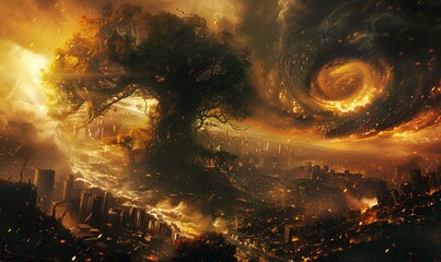 Apocalyptic Vortex above the City,
An otherworldly vision where a colossal tree looms over a city on the brink of destruction, with a fiery vortex swirling in the sky, - obrazy, fototapety, plakaty