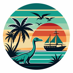 T-shirt design with sunset and a dinosaur under palm trees with boat no text, vintage, white background 