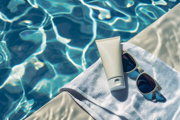 Mockup of UV protection with a pool in the background.