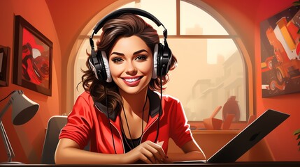 A woman teaching a virtual fitness class from her home studio, close up, Pop art style