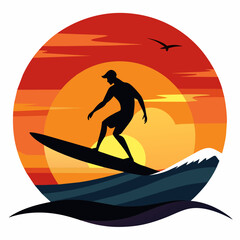 Surfing Sunset On White Background vector illustration