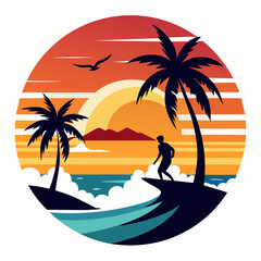 Surfing Sunset On White Background vector illustration