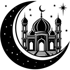 Crescent moon above the mosque vector silhouette 