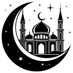 Crescent moon above the mosque vector silhouette 