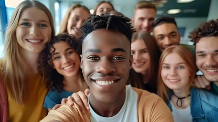 Fototapeta premium Happy diverse people celebrating teamwork together in the office, taking a group selfie portrait, embodying a joyful multicultural lifestyle concept.