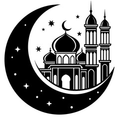 Crescent moon above the mosque vector silhouette 