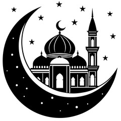 Crescent moon above the mosque vector silhouette 