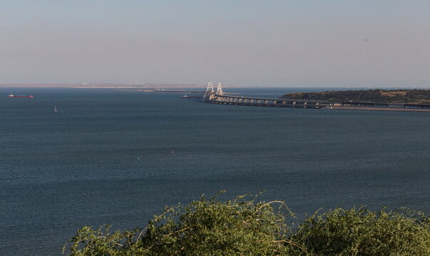 View of the Crimean bridge from Mount Mitridat in Kerch in summer