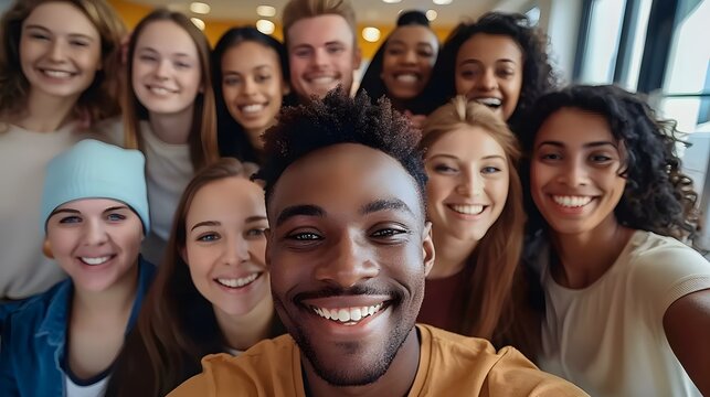 Happy diverse people celebrating teamwork together in the office, taking a group selfie portrait, embodying a joyful multicultural lifestyle concept.