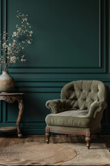 Cozy living room with dark brown armchair against a dramatic dark green wall background in a realistic 3D rendering.
