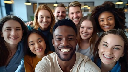 Happy diverse people celebrating teamwork together in the office, taking a group selfie portrait, embodying a joyful multicultural lifestyle concept.