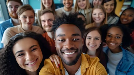 Happy diverse people celebrating teamwork together in the office, taking a group selfie portrait, embodying a joyful multicultural lifestyle concept.