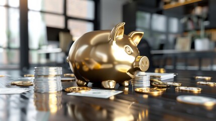 Piggy bank is golden, shiny, and sits on a dark wooden desk. Golden piggy bank shines on a desk with dollars and coins.