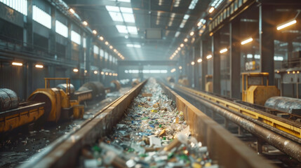 Efficient sorting process in a recycle factory with conveyor belts and robots - obrazy, fototapety, plakaty
