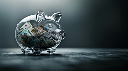 Transparent piggy bank with international money on dark background. Clear piggy bank with yen, euros, and dollars on dark table. - obrazy, fototapety, plakaty