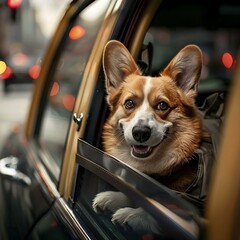 A dog heading to the airport in a taxi
