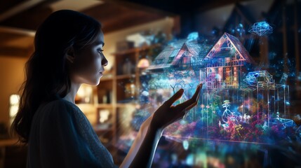 A woman using a holographic display to design an eco-friendly house, close up, digital abstract collageslayered effectgreat for album covers