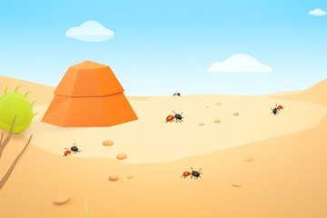 An ant colony building a fortress in the Sahara, a testament to teamwork and survival in extreme conditions 2D, flat design - obrazy, fototapety, plakaty