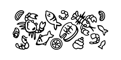 Illustration, set of seafood. Black lines isolated on white