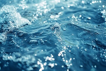  blue colored clear calm water surface texture with splashes and bubbles. Trendy abstract nature background. Water waves